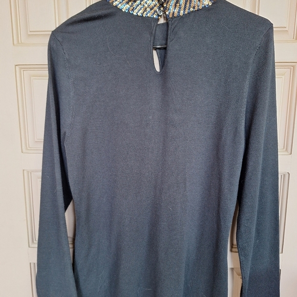 Venus Blue/Gold Sequin Collar Sweater SzL Long Sleeve Smooth Knit Classic - Picture 9 of 12